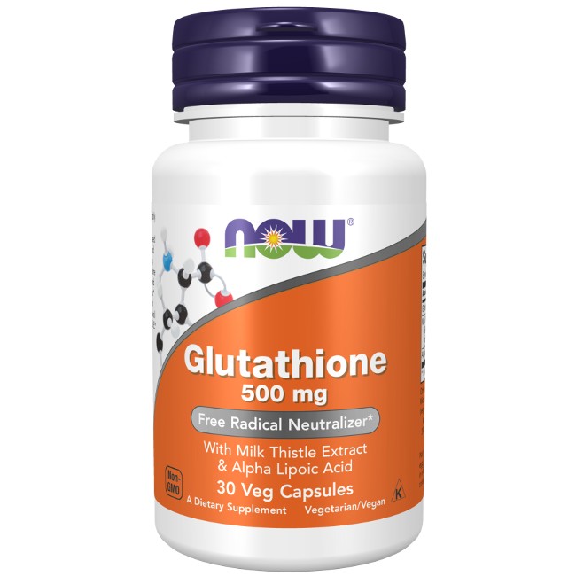 A bottle of Now Foods Glutathione 500 mg dietary supplement for liver detoxification, with milk thistle extract and alpha lipoic acid, 30 veg capsules.