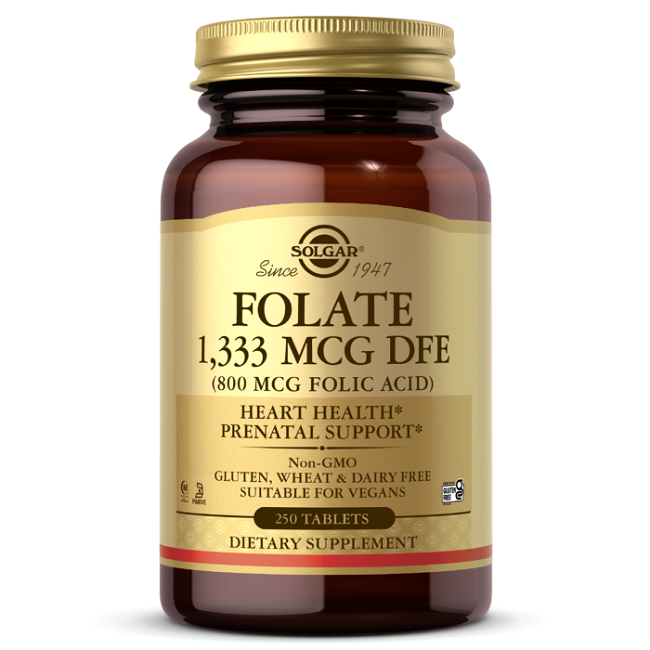 A bottle of Solgar Folate 1,333 mcg DFE (800 mcg Folic Acid) dietary supplement, labeled as heart health and prenatal health supplements, gluten, wheat, and dairy free, suitable for vegans