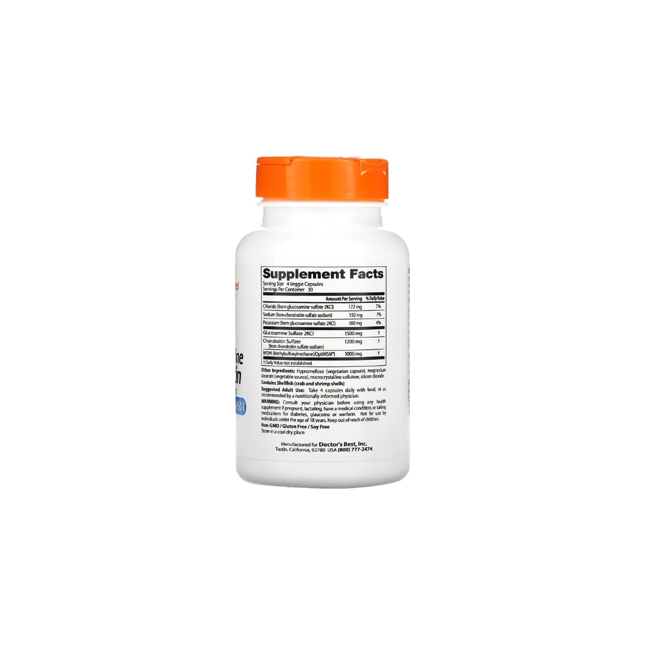 Un flacone di Doctor's Best Glucosamina Condroitina MSM 120 capsule su uno sfondo bianco.