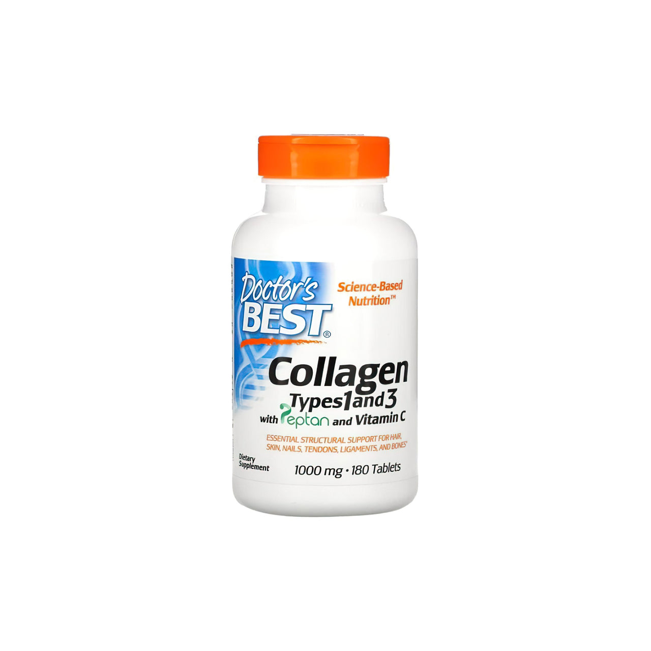 Un flacone di Doctor's Best Collagen types 1 and 3 1000 mg 180 compresse, il miglior integratore di collagene.