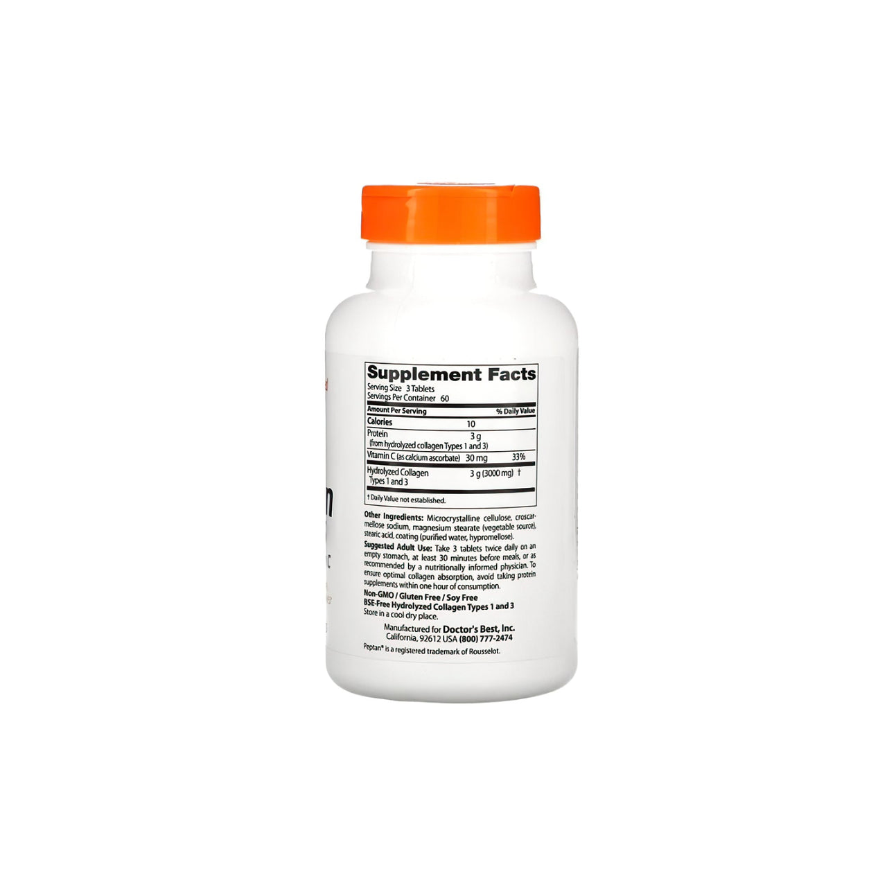 Un flacone di Doctor's Best Collagene di tipo 1 e 3 1000 mg 180 compresse su sfondo bianco.