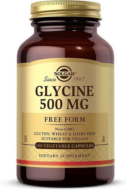 Un flacone di Solgar Glycine 500 mg 100 Capsule Vegetali in forma libera.