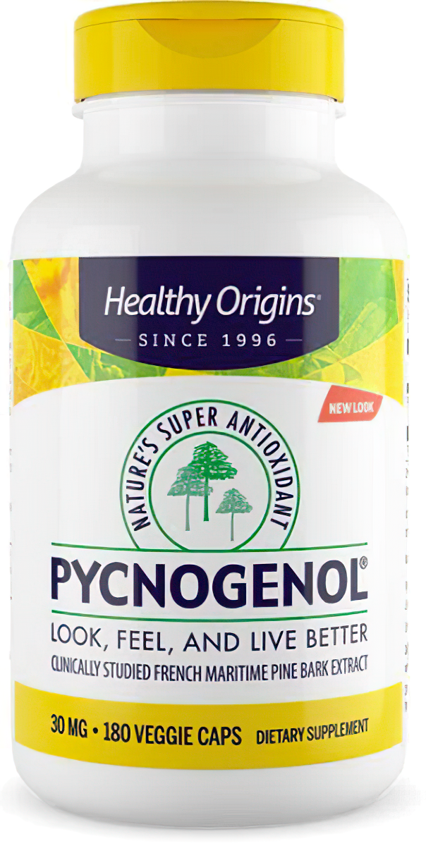 Un flacone di Healthy Origins Pycnogenol 30 mg 180 capsule vegetali, un integratore alimentare per la salute cardiovascolare ricco di antiossidanti.