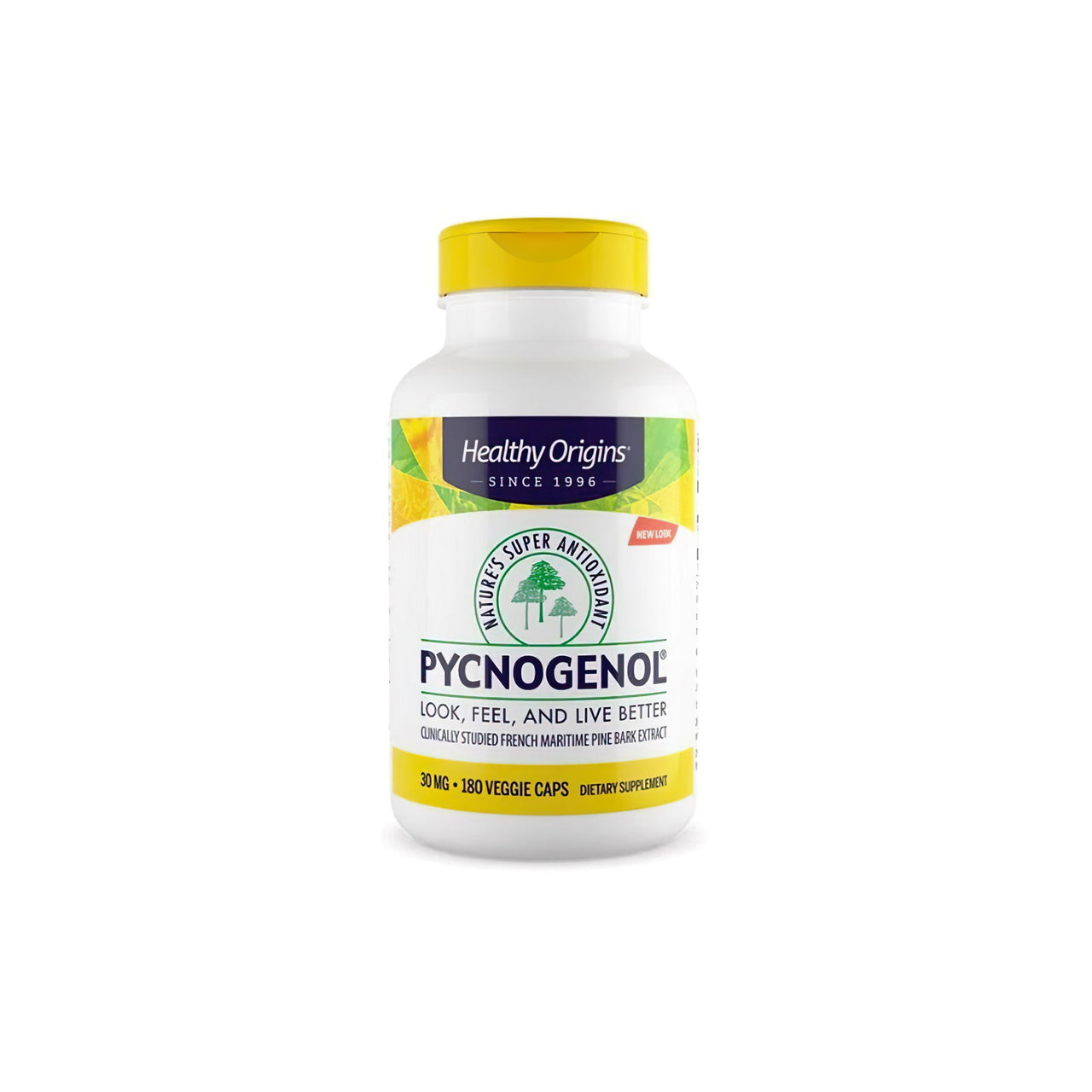 Un flacone di Healthy Origins' integratore alimentare antiossidante, Pycnogenol 30 mg 180 capsule vegetali, per la salute cardiovascolare.