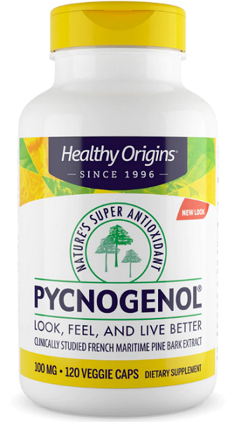 Un flacone di Healthy Origins Pycnogenol 100 mg 120 capsule vegetali, ricco di antiossidanti e derivato dall'estratto di corteccia di pino marittimo. Perfetto per promuovere la salute cardiovascolare.