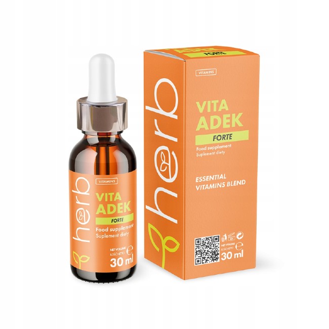 Bottle and box of Herb's "VITA ADEK" vitamin supplement, 30 ml, featuring orange and white packaging. It is rich in vitamins A, D, E, and K to support your immune system and bone health.