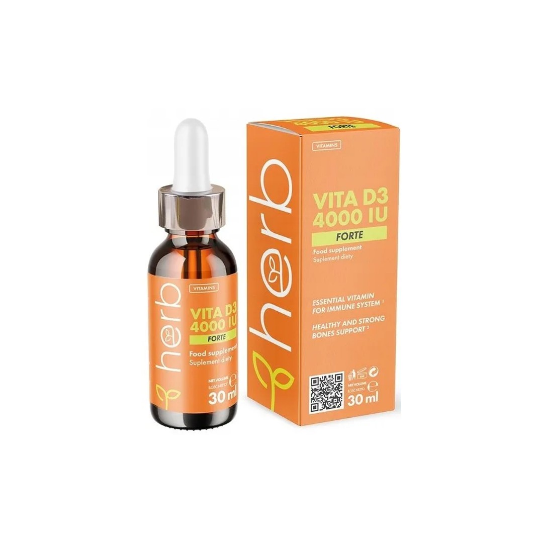 A 30 ml bottle and box of Herb Vitamin D3 4000 IU, featuring a dropper cap, aids in supporting bone health and the immune system.