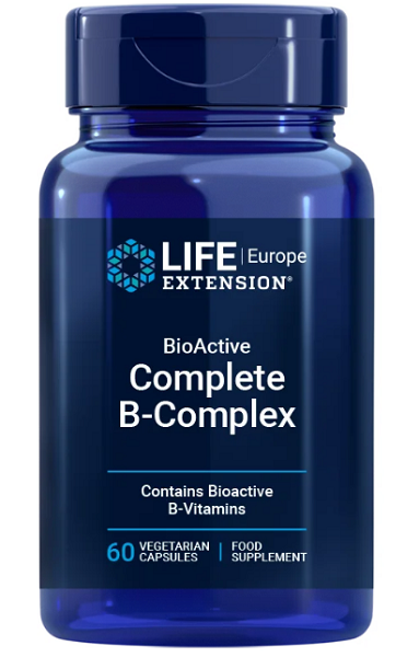 A blue bottle from Life Extension, labeled "BioActive Complete B-Complex 60 Vegetarian Capsules," contains bioactive B vitamins formulated to support metabolism.