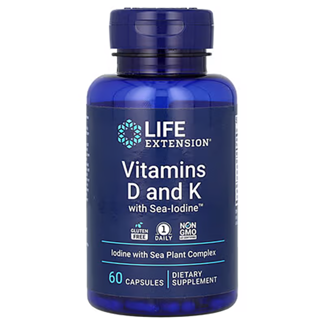 A 60-capsule bottle labeled "Vitamins D and K with Sea-Iodine" from Life Extension is designed to support bone health and features gluten-free, non-GMO ingredients suitable for daily use.