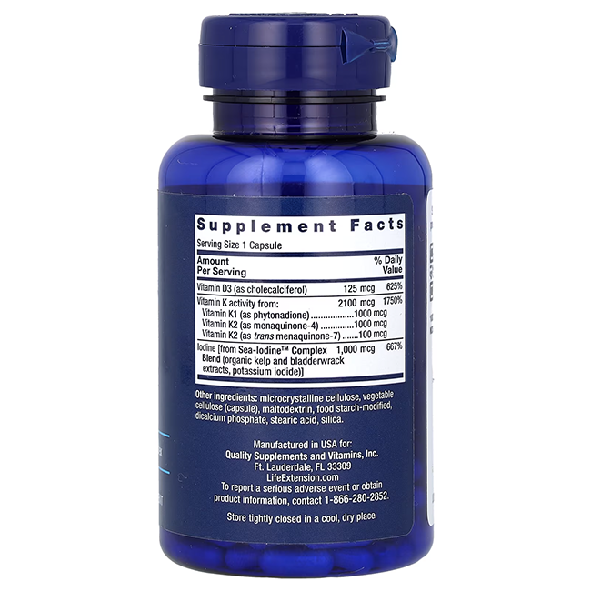 A bottle of Life Extension's Vitamins D and K with Sea-Iodine, designed to support bone health, comes in blue packaging with a label detailing supplement facts, ingredients, and manufacturing information.