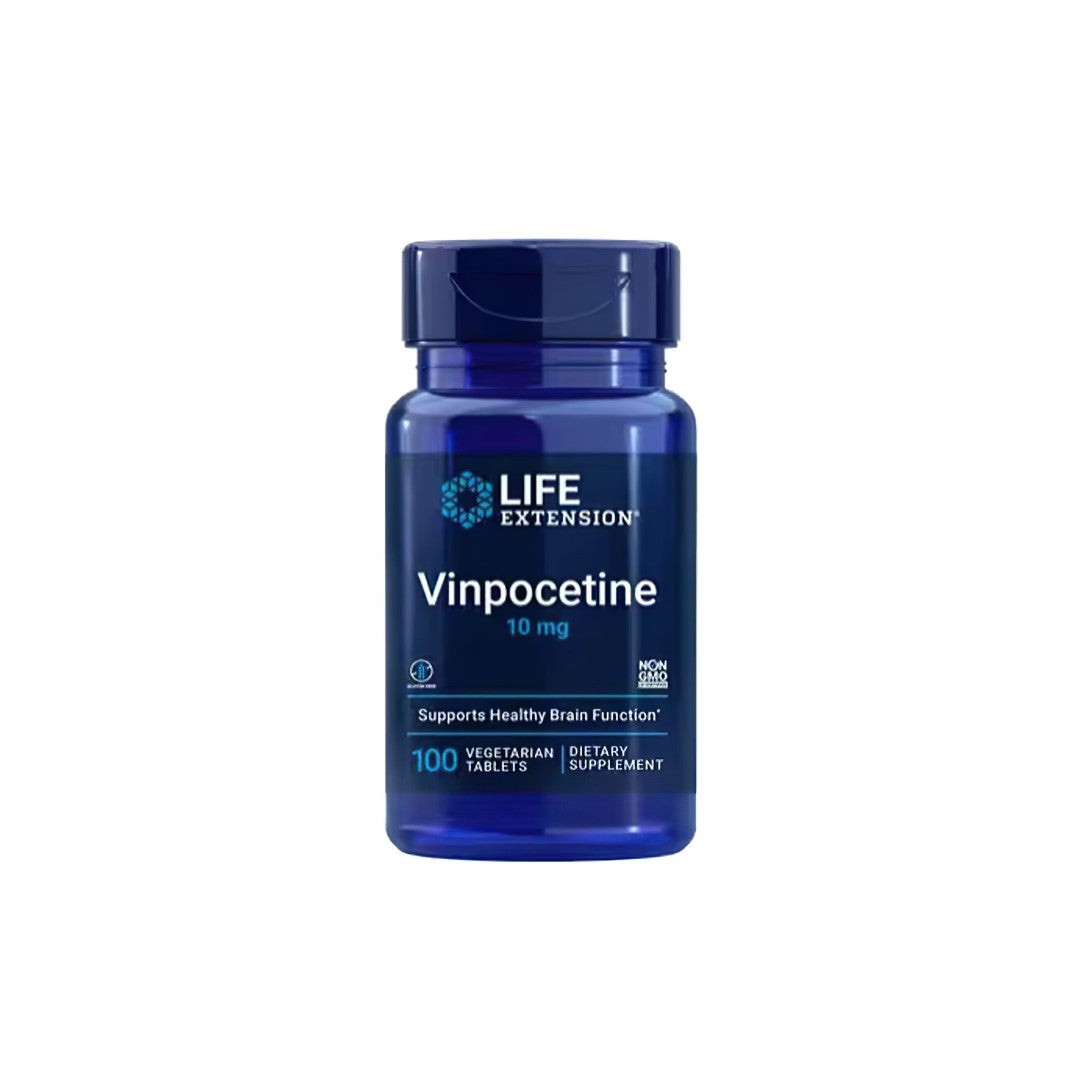A bottle of brain support vitamin c enriched with Life Extension Vinpocetine 10 mg 100 Vegetarian Tablets for enhanced mental capacity.