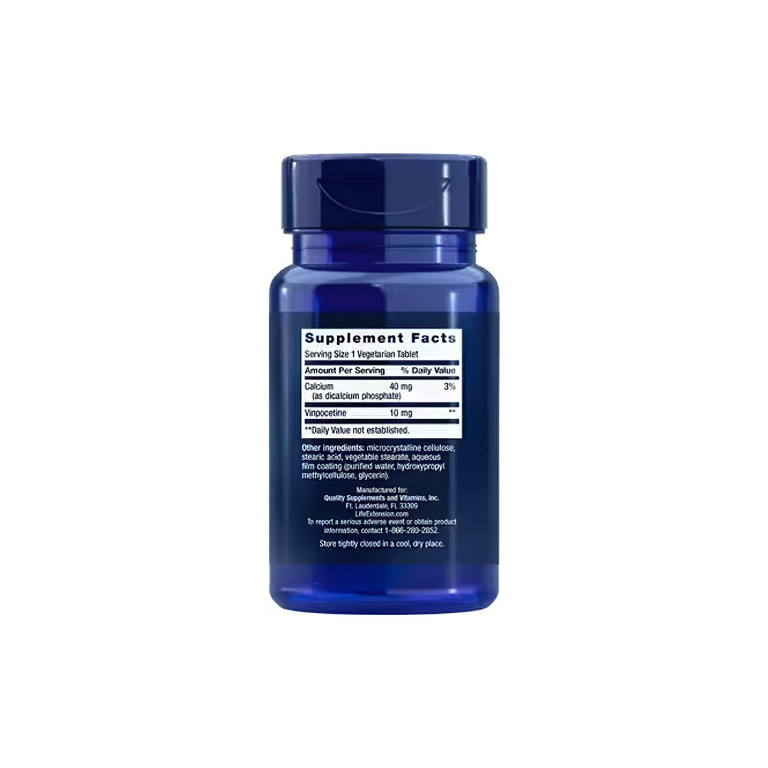 A bottle of Vinpocetine 10 mg 100 Vegetarian Tablets brain support supplements by Life Extension on a white background.