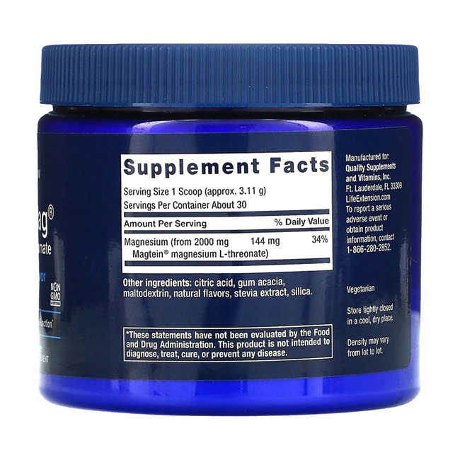 Neuro-Mag Magnesium L-Threonate 93.35 g by Life Extension comes in a blue container with a label that includes supplement facts, ingredients, and manufacturer information. This formula is recognized for supporting brain health and is crafted to assist important enzyme reactions.