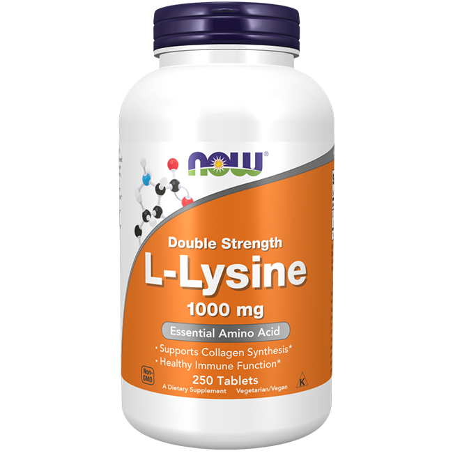 NOW Foods L-Lysine 1000 mg comes in a white bottle containing 250 tablets, labeled as an essential amino acid that supports collagen synthesis and a healthy immune system.