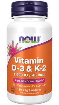 Thumbnail for Discover the powerful combination of Now Foods Vitamins D3 1000 IU & K2 45 mcg 120 Veg Capsules, specifically formulated to support bone health and immune wellness. This dynamic duo enhances calcium absorption, ensuring optimal bone strength while supporting a.