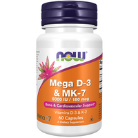 Thumbnail for The Mega D-3 and MK-7 dietary supplement by Now Foods comes in a bottle containing 60 capsules, offering bone health and cardiovascular support with the benefits of Vitamin D3 and Vitamin K2.