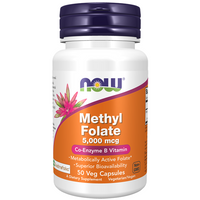 Thumbnail for NOW Foods offers Methyl Folate 5000 mcg, which is a Co-Enzyme B Vitamin vital for DNA synthesis and overall health, available in a bottle containing 50 vegetarian capsules that are non-GMO.