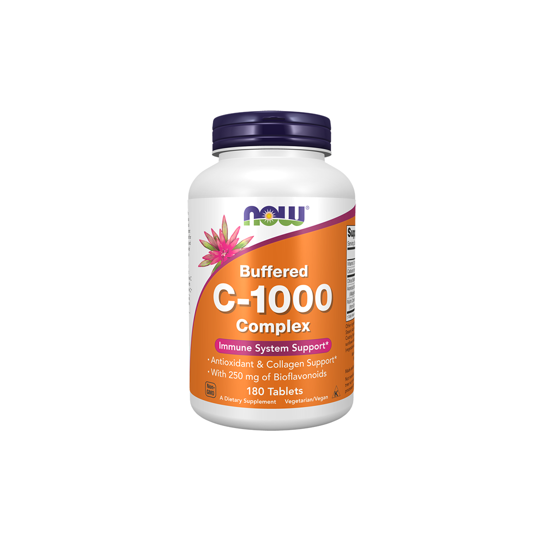 Discover improved immune support with Now Foods' Buffered C-1000 Complex 180 Tablets. Each bottle is packed with 250 mg of bioflavonoids and buffered Vitamin C, delivering robust antioxidant and collagen advantages for your health.