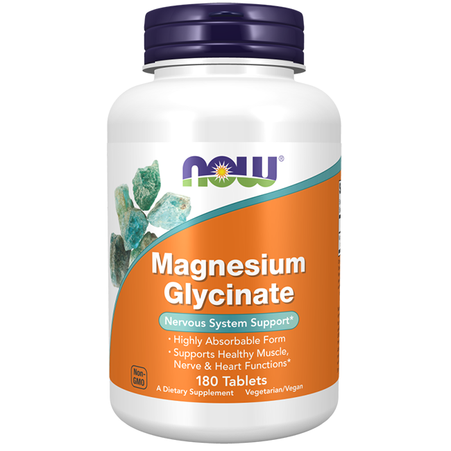 A bottle of Now Foods Magnesium Glycinate 200 mg, consisting of 180 tablets, is marketed for nervous system health and energy production. It is non-GMO and suitable for vegetarians and vegans.