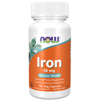 Thumbnail for Bottle of Now Foods Iron 18 mg, 120 Veg Capsules, featuring an essential mineral in a gentle, non-constipating formula to support energy production and hemoglobin levels.