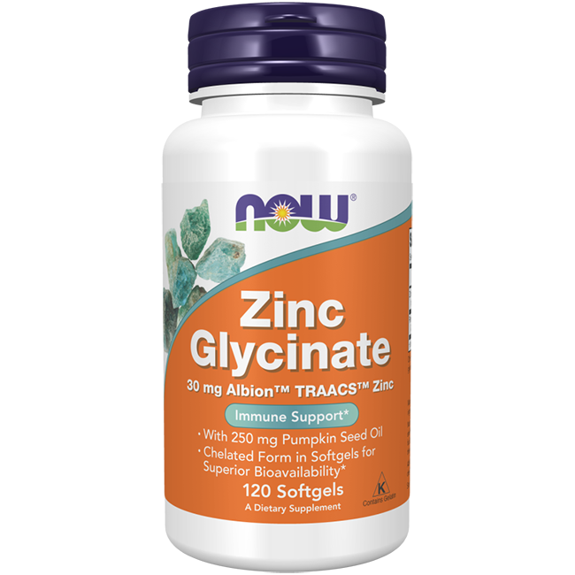 A bottle of Zinc Glycinate 30 mg 120 Softgels by Now Foods provides strong immune support with each serving containing 30 mg of Albion TRAACS zinc. Enhanced with pumpkin seed oil, it's your daily partner for maintaining optimal wellness.