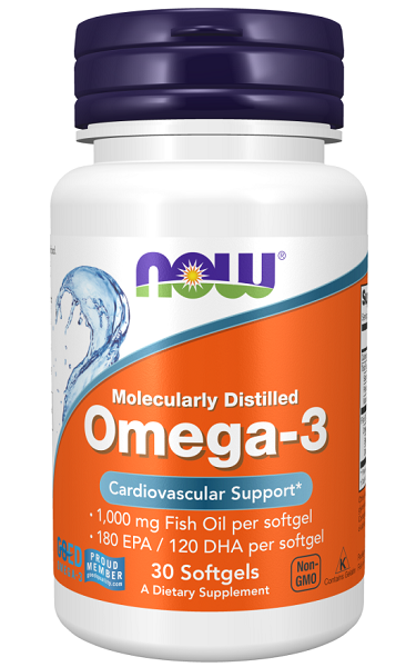 Un integratore di Omega-3 180 EPA/120 DHA 30 softgel di Now Foods, ricco di olio di pesce che favorisce la salute del cuore.