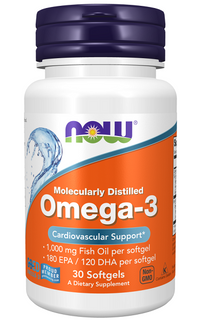 Miniature per un integratore di Omega-3 180 EPA/120 DHA 30 softgel di Now Foods, ricco di olio di pesce per promuovere la salute del cuore.