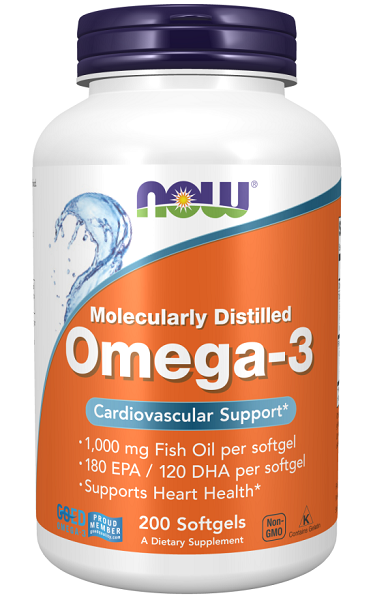 Un flacone di Omega-3 180 EPA/120 DHA 200 softgel di Now Foods, che promuove la salute del cuore e sostiene il sistema immunitario.