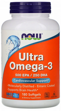 Thumbnail for Now Foods Ultra Omega-3 500 mg EPA/250 mg DHA 180 softgel is a dietary supplement that provides two essential omega-3s, EPA and DHA. These fatty acids are known to offer various health benefits, including.