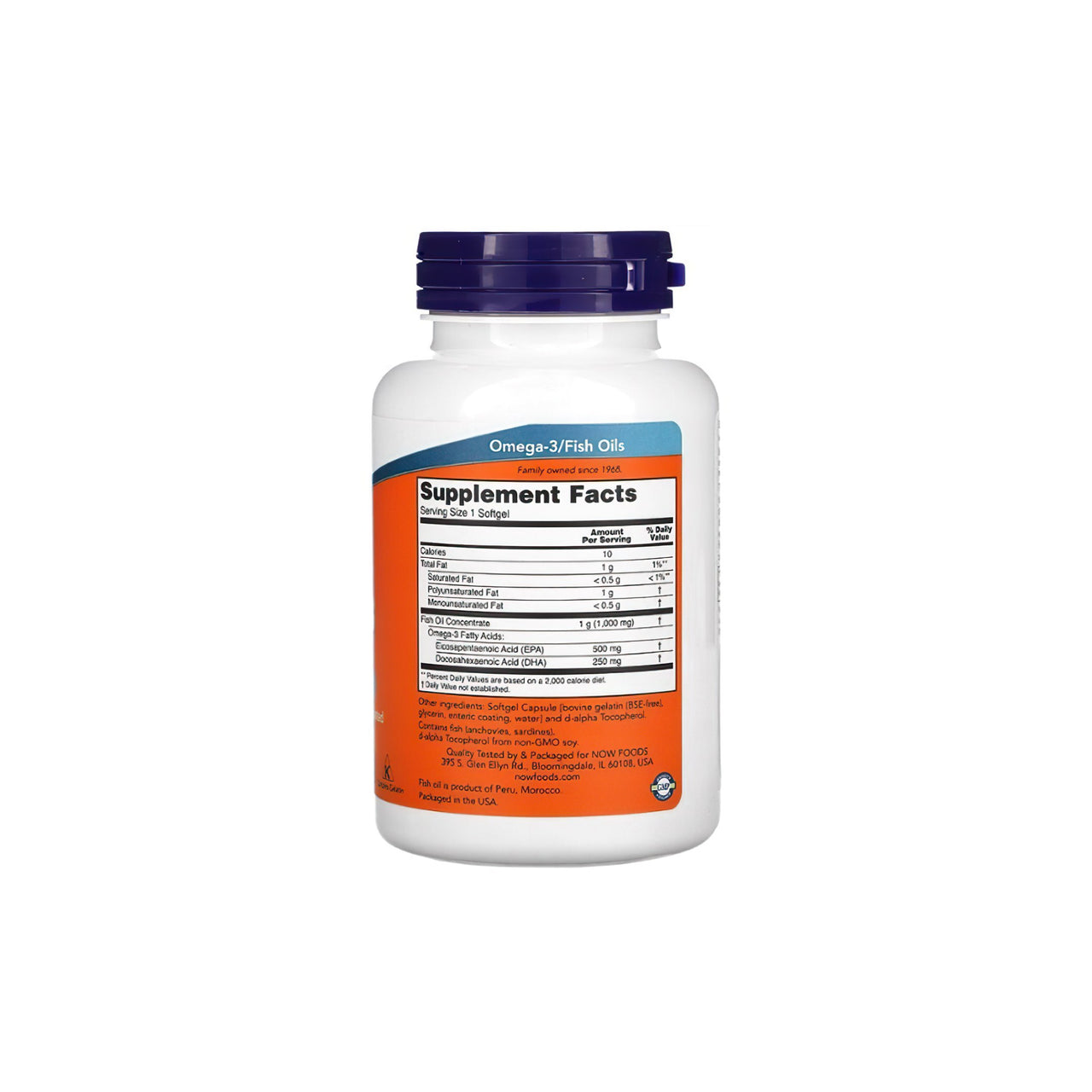 A bottle of Ultra Omega-3 500 mg EPA/250 mg DHA 180 softgel supplement with cardiovascular support on a white background by Now Foods.