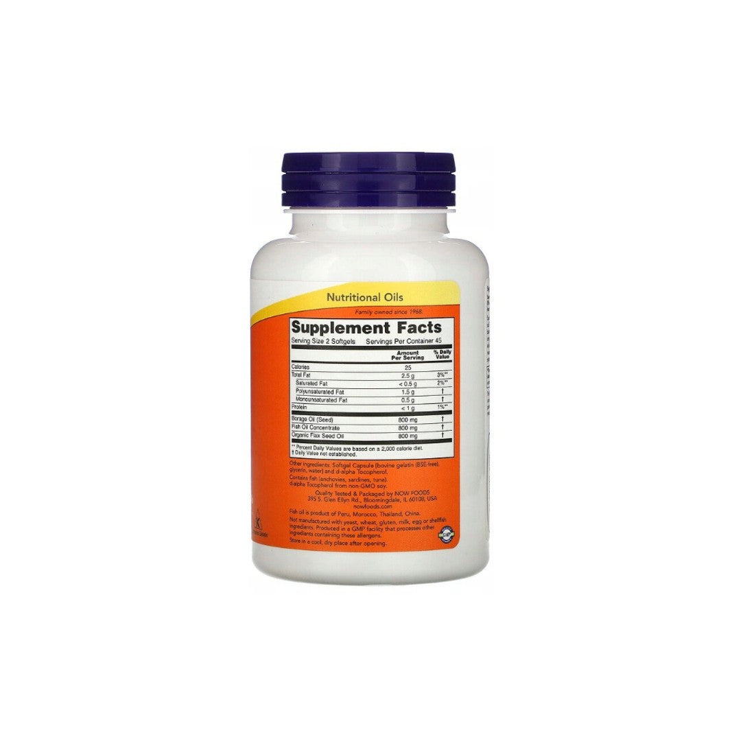 Un flacone di integratori Omega 3-6-9 90 softgel con proprietà antinfiammatorie su sfondo bianco da Now Foods.