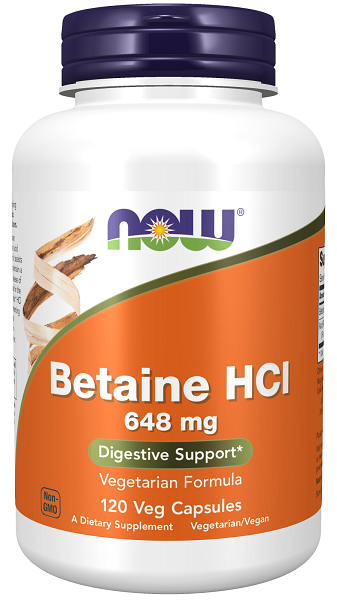 Now Foods Betaina HCI è un integratore alimentare in forma di capsule vegetali da 648 mg.