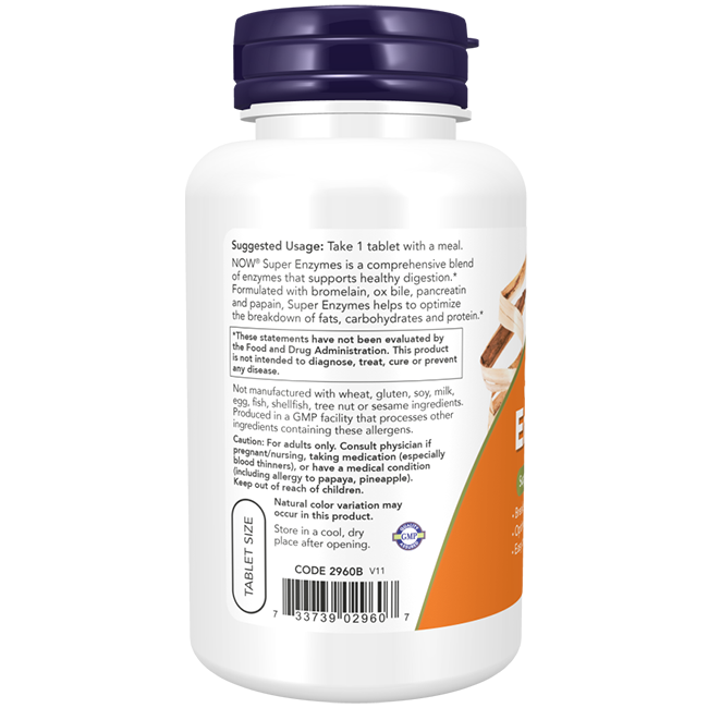 A bottle of Now Foods Super Enzymes 90 Tablets is displayed, highlighting its detailed label with ingredients and suggested usage information for improved digestive support.