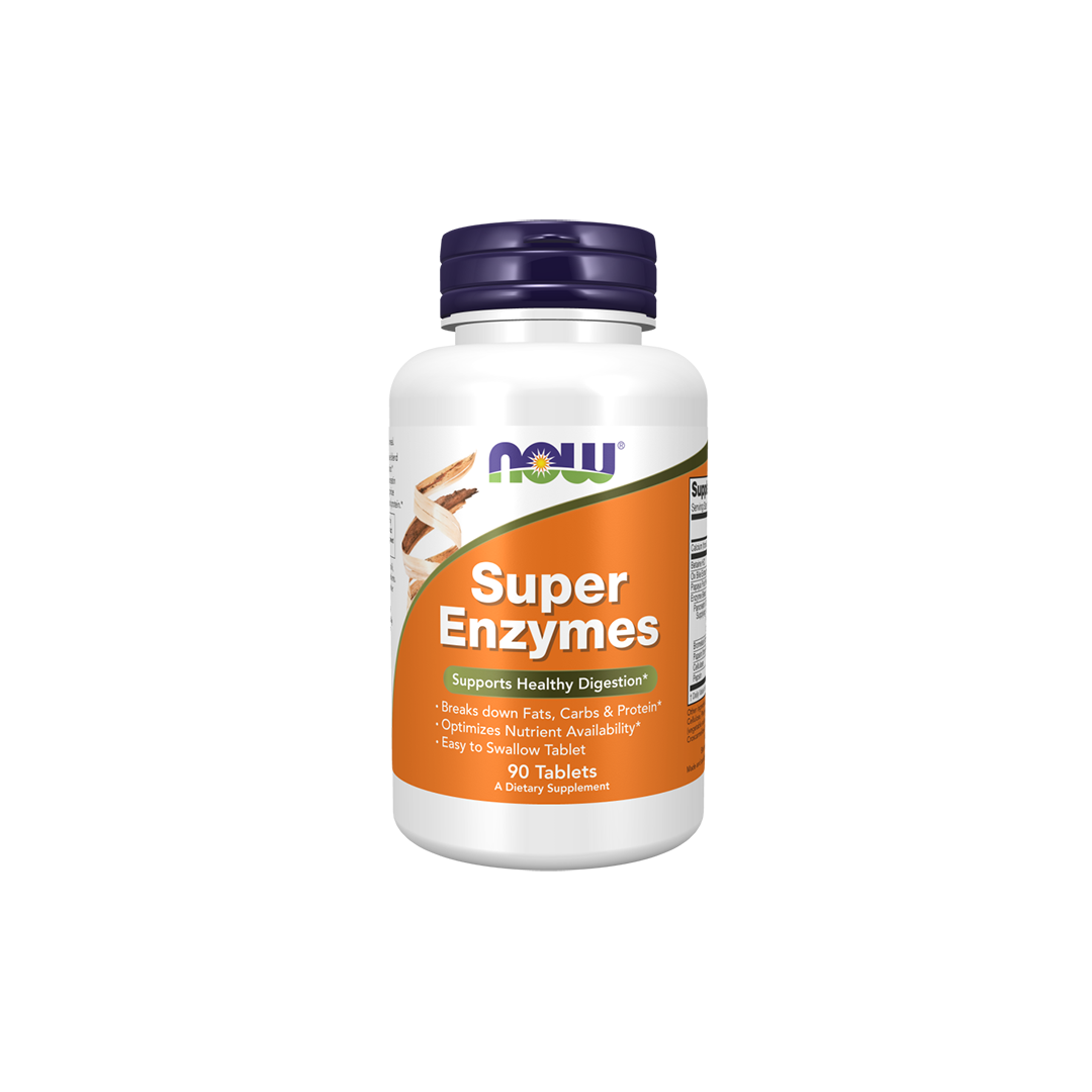 Now Foods Super Enzymes 90 Tablets dietary supplement, set against a white background and featuring a purple cap, is labeled for promoting healthy digestion and digestive support.