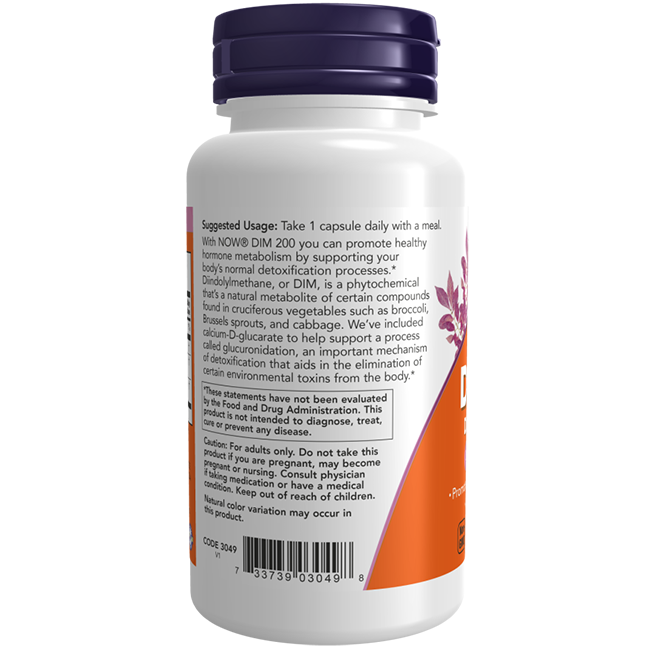 A white bottle with a purple label featuring "DIM (Diindolylmethane) 200 mg 90 Veg Capsules" by Now Foods highlights suggested usage and health benefits, including potential detoxification support.