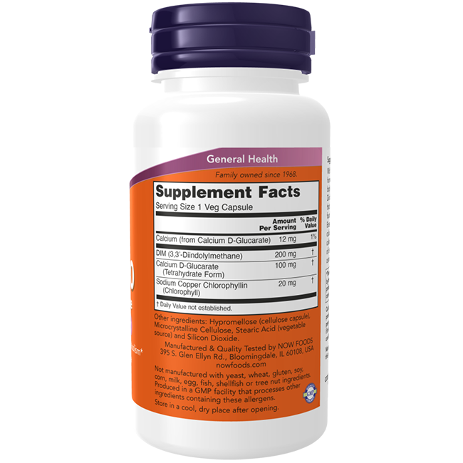 A white bottle with a purple label lists supplement facts for Now Foods' DIM 200 mg, containing calcium, calcium D-glucarate, Tetradecyl Thioacetic Acid, and chlorophyllin for detox support. Each serving is one vegetable capsule.