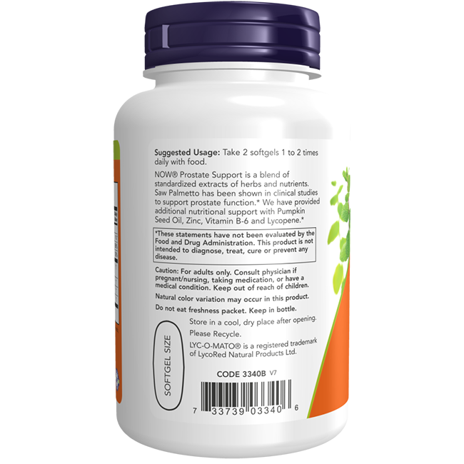 A bottle of Now Foods Prostate Support 90 Softgels, featuring a blue lid, includes a label with dosage information and key ingredients like Pumpkin Seed Oil, Zinc, Vitamin B-6, Lycopene, and Sabal Palm Extract to support prostate health.