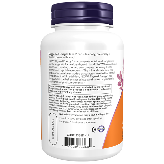 A white bottle of Now Foods Thyroid Energy 180 Veg Capsules, crafted to support thyroid health, includes dosage instructions and ingredient details on its label.