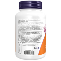 Thumbnail for A white bottle of Now Foods Thyroid Energy 180 Veg Capsules, crafted to support thyroid health, includes dosage instructions and ingredient details on its label.