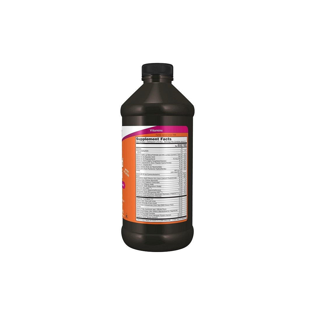 Una bottiglia di Now Foods Liquid Multivitamins & Minerals Tropical Orange Flavor 473 ml su uno sfondo bianco.