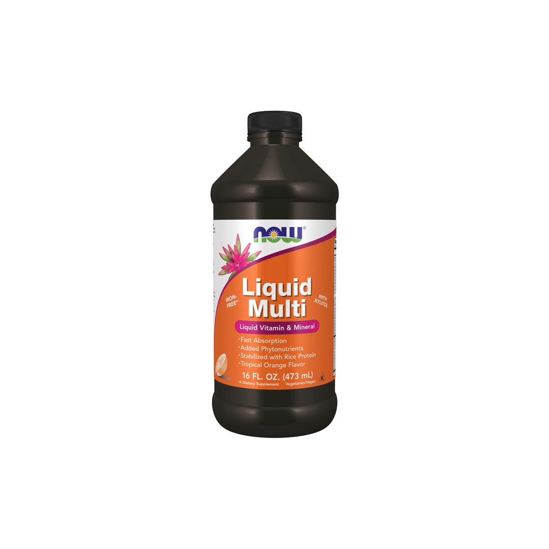 Un flacone di Liquid Multivitamins & Minerals Tropical Orange Flavor 473 ml di Now Foods su uno sfondo bianco.
