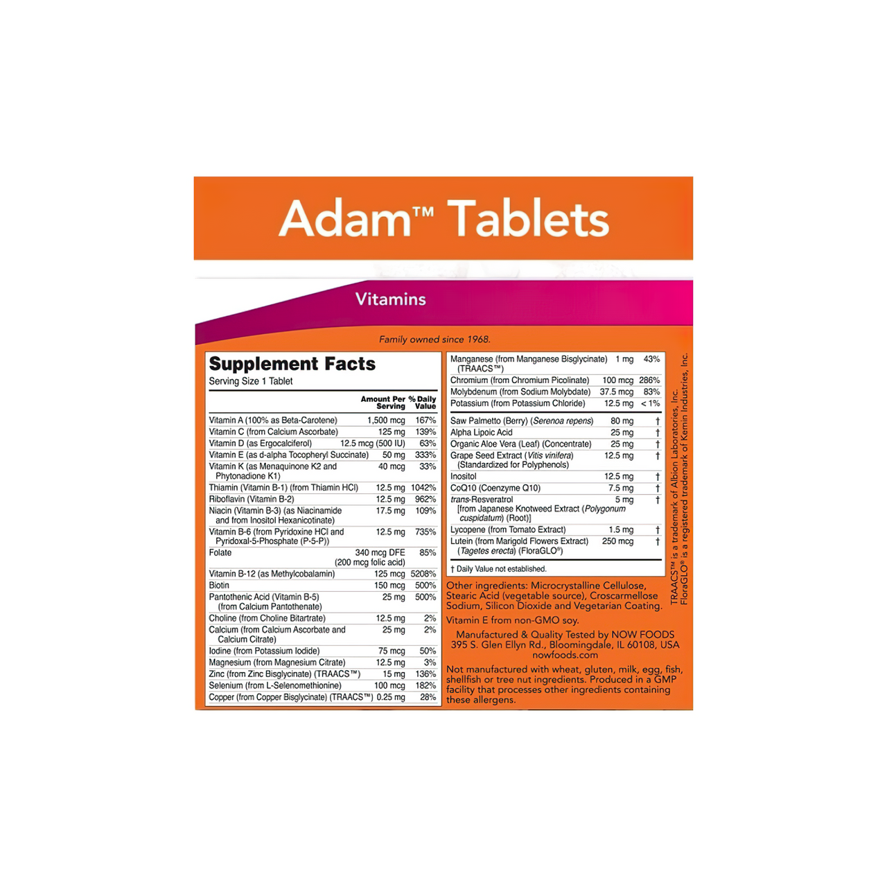 Now Foods ADAM Multivitamins & Minerals for Man 120 compresse vegetali con etichetta sul fronte.