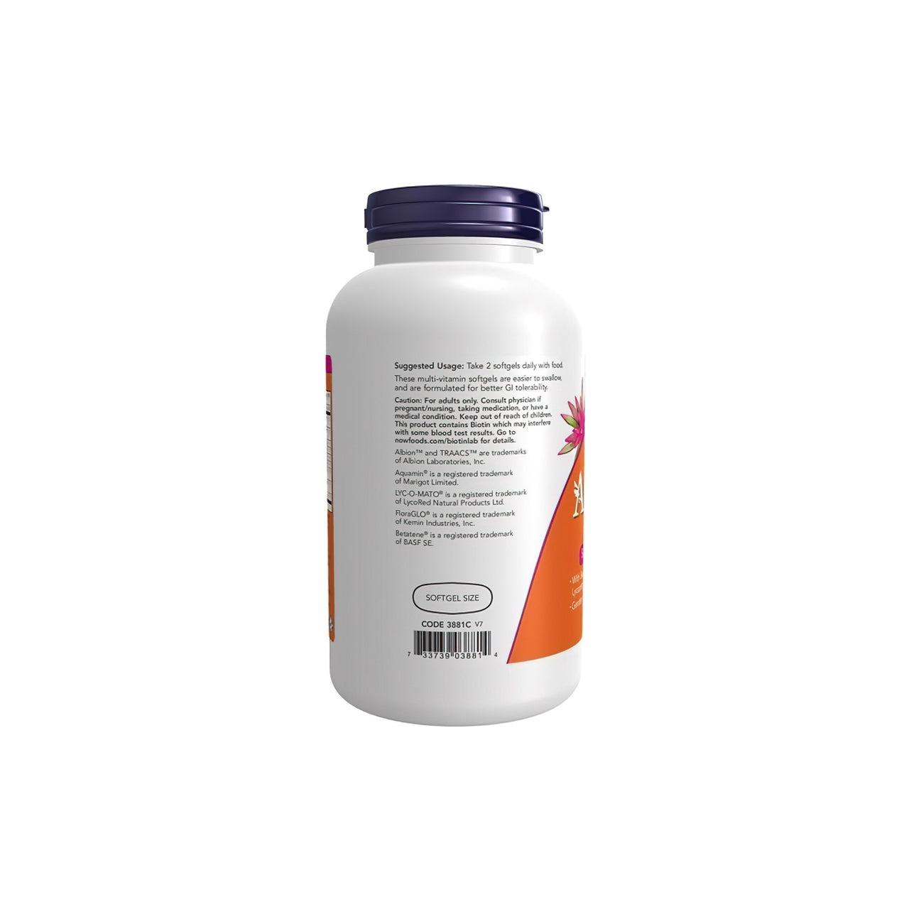 Flacone di Now Foods ADAM Multivitamins & Minerals for Man 180 gel su sfondo bianco.