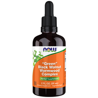 Thumbnail for A 2 fl oz bottle of Now Foods' Green Black Walnut Wormwood Complex, a dietary supplement designed for digestive health, comes with a dropper and is labeled as suitable for vegetarians and vegans.