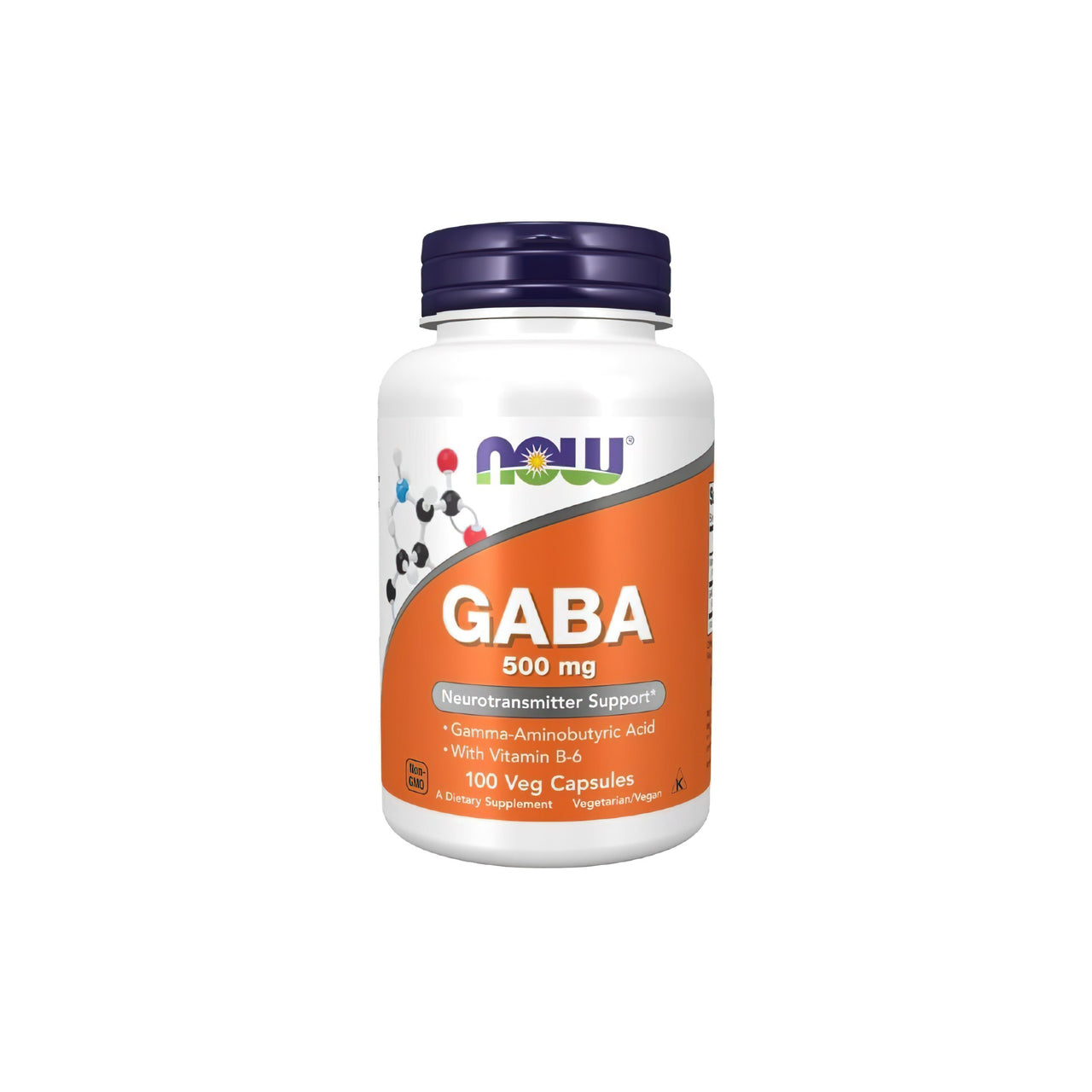 Un flacone di Now Foods GABA 500 mg 200 Capsule Vegetali, che favorisce il rilassamento e supporta il sistema nervoso.