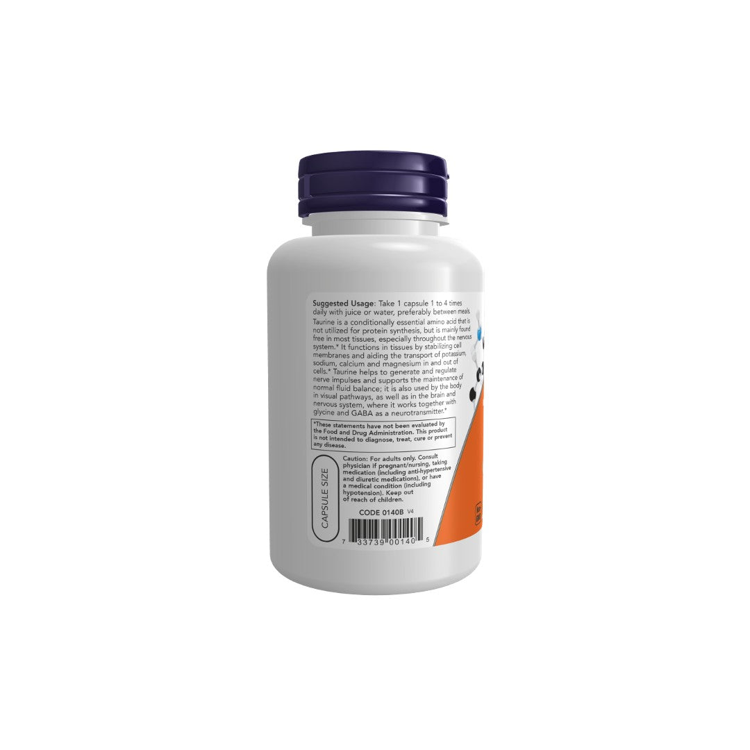 White supplement bottle with a purple cap, displaying a label that includes dosage instructions and ingredient information for Now Foods Taurine 500 mg 100 Veg Capsules.