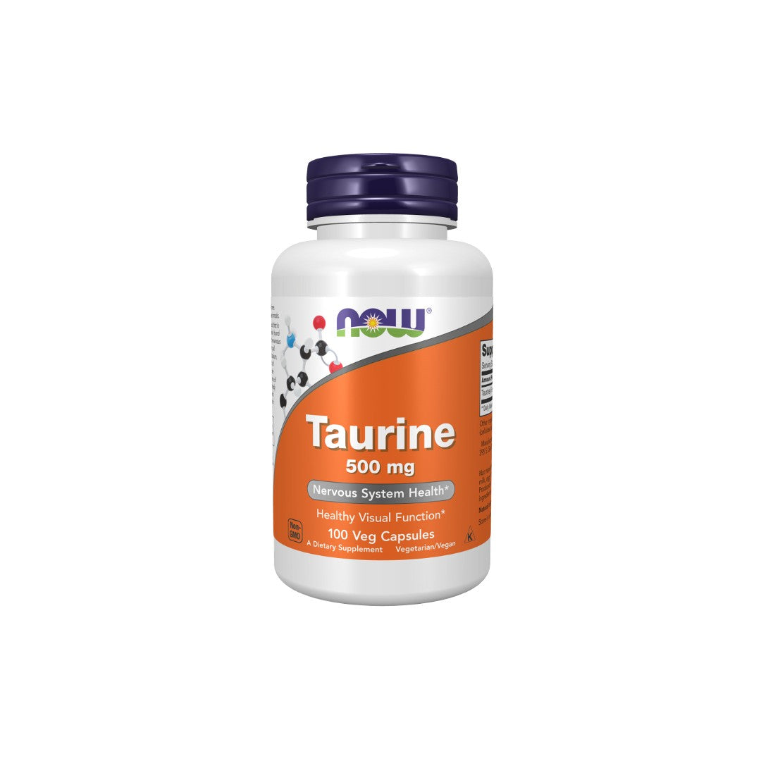 A bottle of Now Foods Taurine 500 mg supplements, labeled for heart health and healthy visual function, containing 100 veg capsules.