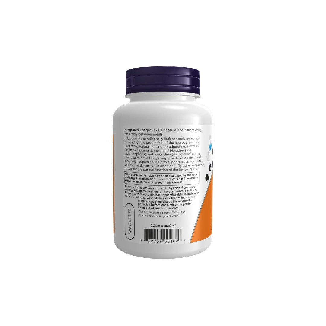 Back view of a white bottle with a dark blue cap, showing a label that details suggested usage, ingredients, and other product information related to L-Tyrosine 500 mg 120 Capsules by Now Foods for mental health support.