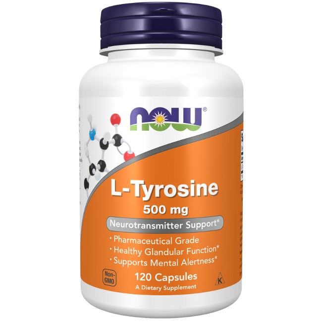 A white bottle of Now Foods brand L-Tyrosine 500 mg 120 Capsules dietary supplement. The label highlights pharmaceutical grade, healthy glandular function, thyroid health, and mental alertness. Contains 120 capsules to support neurotransmitter synthesis.