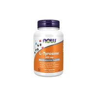 Thumbnail for A bottle of Now Foods L-Tyrosine 500 mg 120 Capsules, with labels indicating it supports neurotransmitter synthesis, healthy glandular function, and mental alertness for optimal mental health.